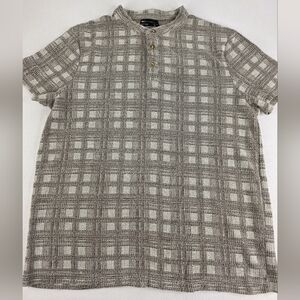 ASOS Design Men's Brown Cream Block Pattern Short Sleeve Henley Shirt XL R-0182